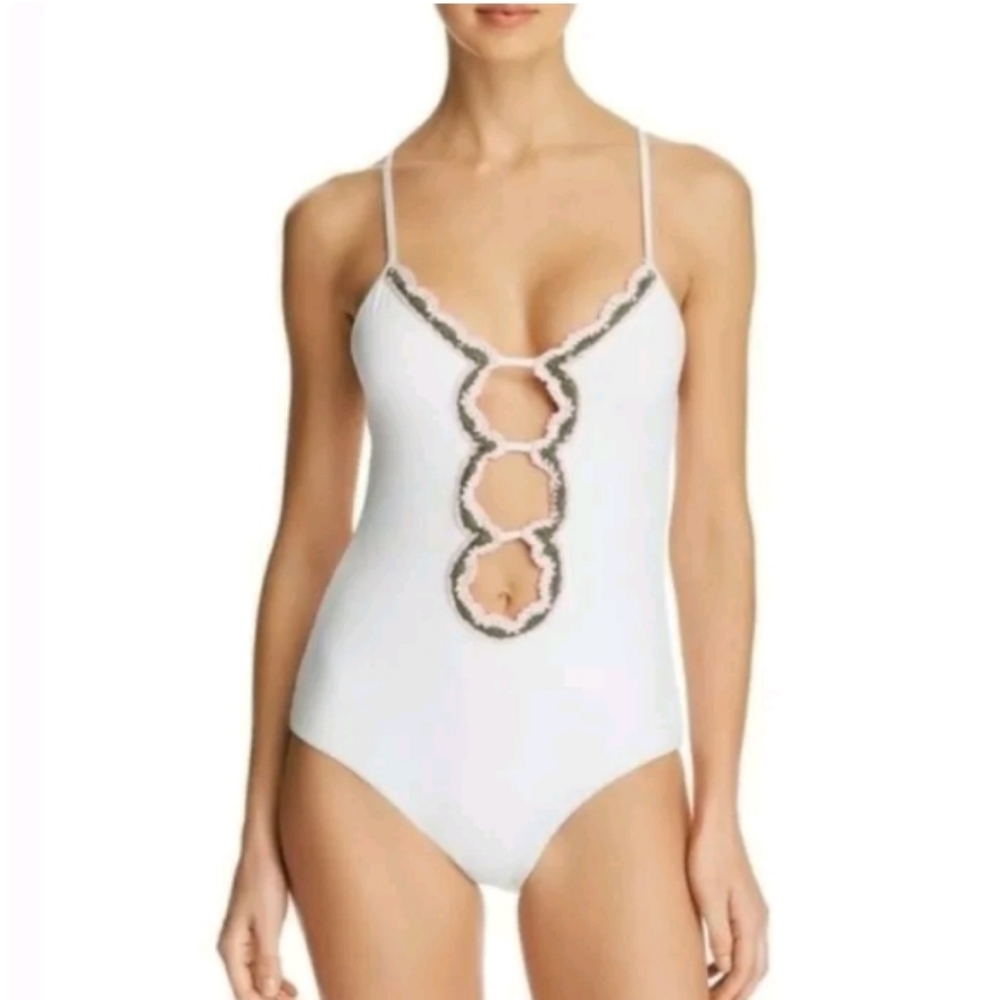 NWT $180.00 Women's BECCA  Medina One-Piece Swimsuit White Pink Medium 8 10